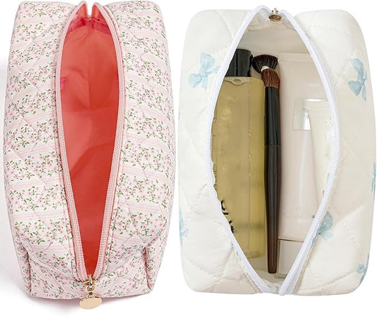 Makeup Bag Travel Cosmetic Bag for Women Girls, Zipper Make Up Pouch, Floral Flowers Toiletry Organizer Makeup, Portable Storage Cosmetic Travel Cloth Bag (Pink+Blue Bow Tie)