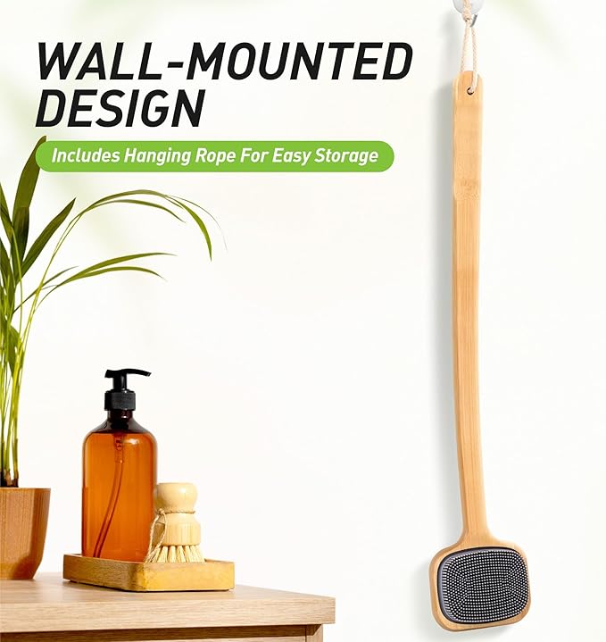 Back Scrubber for Shower, 21.65'' Long Handle Double-Sided Silicone Shower Bath Brush, Bamboo Body Exfoliator for Bath/Dry Brush/Massage/Back Scratching, Gift for Elderly