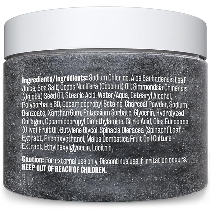 Exfoliating Charcoal Scrub with Collagen & Stem Cells β Salt Scrub for Body Toning, Cellulite, Armpit Detox, and Skin Smoothing for Face, Feet, and Body by M3 Naturals.