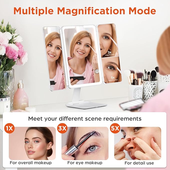Travel Makeup Mirror, Rechargeable 1X/3X/5X Magnifying Trifold Makeup Mirror with Lights, 3 Color Lights, Touch Control Lighted Vanity Compact Mirror with Foldable Stand, White