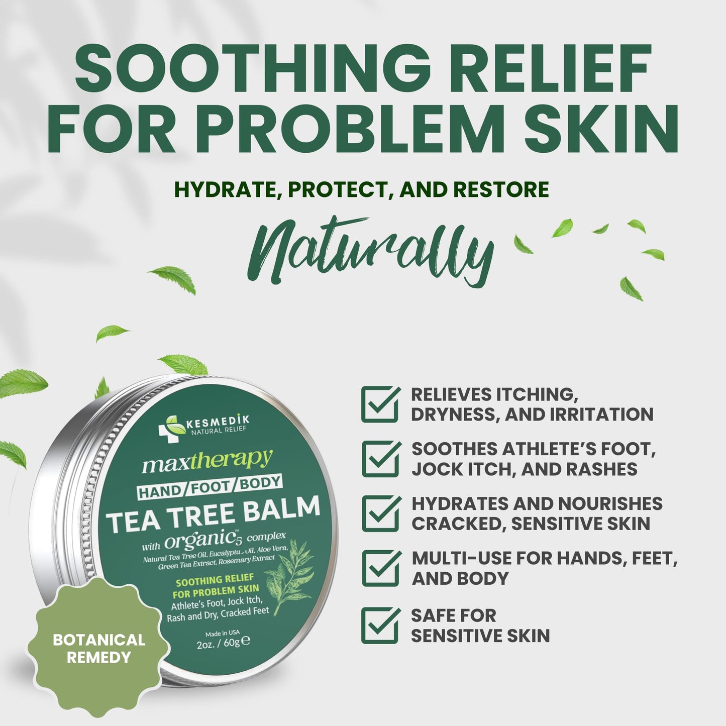 KESMEDIK Tea Tree Oil MaxTherapy Balm, Itchy Skin Relief, Soothing for Rashes, Jock Itch, Athlete’s Foot, Chafing, Insect Bites, Folliculitis, Dry Sensitive Skin, Effective & Safe for All Ages, 1-Pack