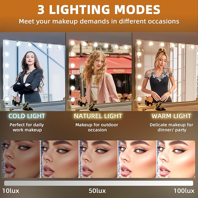 Misavanity Large Vanity Mirror with Lights Tempered Glass 31.4’’ x 23.4’’ Hollywood Lighted Makeup Mirror with 18 Dimmable Bulbs USB Charging Port 10X Magnification 3 Lighting Modes, White