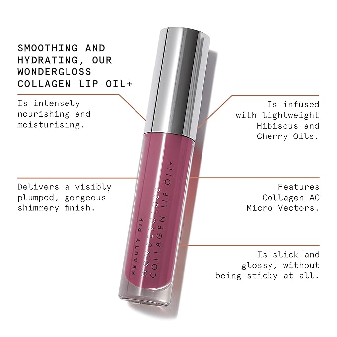 Beauty Pie Wondergloss Collagen Lip Oil + (Plum Naked) β Hydrating, Plumping, Non-Sticky Gloss with Collagen AC Micro-Vectors & Cherry Oils