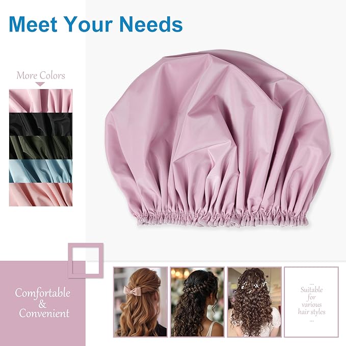 Shower Cap for Women Set of 4, 1 Double-Layer Waterproof Bath Cap + 3 Single-Layer Waterproof Shower Caps β Reusable Hair Protector, TPU Coated Elastic Bathing Cap for Women & Men - Purple