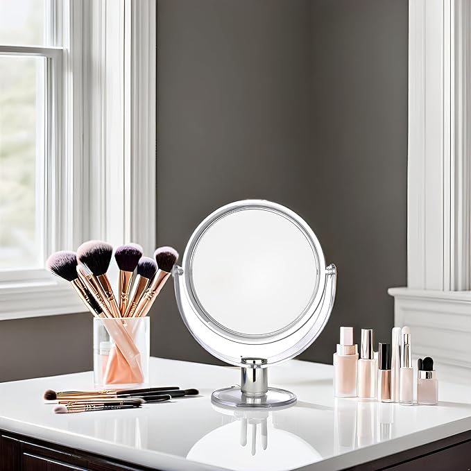 BNYD Vanity Makeup Mirror with Stand – Double Sided 1X/2X Magnification, 360° Swivel Desk Mirror, Portable Tabletop Magnifying Mirror for Bathroom, Bedroom, or Travel