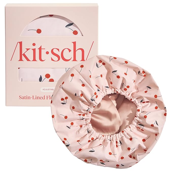 Kitsch Luxury Shower Caps for Women Reusable Waterproof - Flexi Satin Lined, Large Shower Cap for Men, Non-slip, Quick-dry, Adjustable, Stylish Hair Cap for Long & Short Hair - Cherry Print