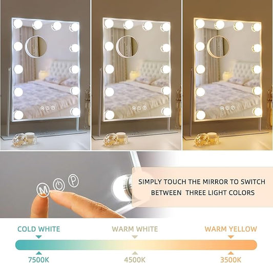 FENCHILIN Lighted Makeup Mirror Hollywood Mirror Vanity Makeup Mirror with Light Smart Touch Control 3Colors Dimmable Light Detachable 10X Magnification 360Β°Rotation(White)
