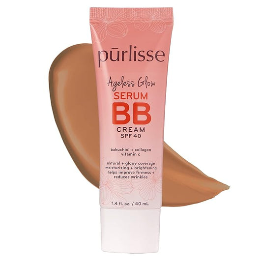 pūrlisse Ageless Glow Serum BB Cream SPF 40 - Glow BB Cream with SPF Enriched with Bakuchiol & Vitamin C to Help Improve Firmness & Reduce Wrinkles for Dewy Skin - Tan Deep (1.4 oz)