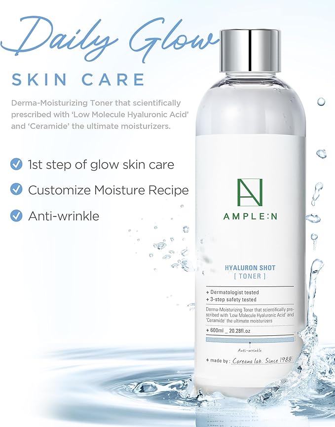 Ample:N Hyaluron Shot Toner β Korean Hyaluronic Acid and Ceramide Hydrating Face Toner - Moisturizing Essence for Minimizing Wrinkles β Dewy Healthy Glow Skin Booster for Dry Skin, 20.3 fl.oz.
