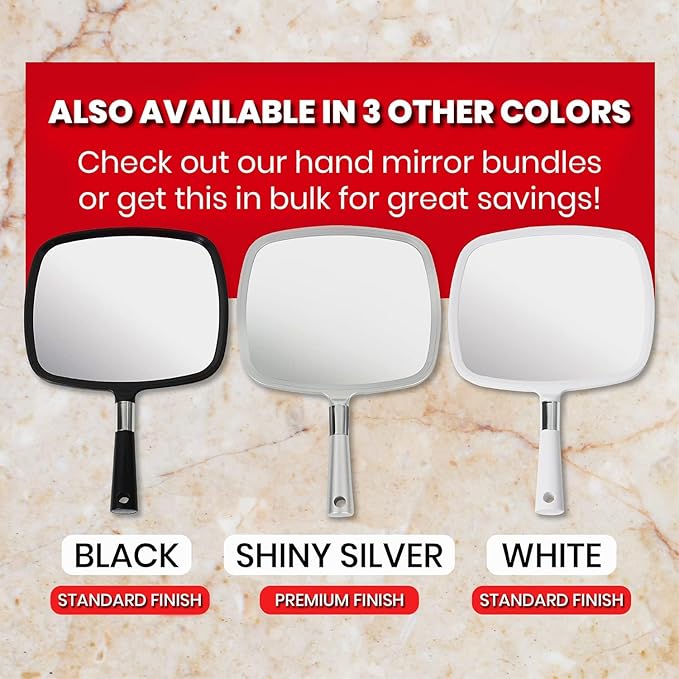 MIRRORVANA Professional Large & Comfy Hand Mirror with Ergonomic Handle for Women - Premium Sparkling Red Model (1-Pack)