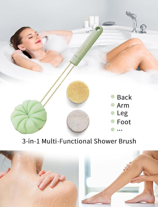 3-in-1 Back Scrubber for Shower Soft Bath Brush Long Handle for Skin Exfoliating Double-Sided Bath Loofah Exfoliating Massage Bristles Suitable for Wet, Women & Men(Green) (RH660-GREEN)