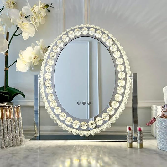 (Oval) LED Vanity Mirror with Crystal Accents, Illuminated Makeup Mirror