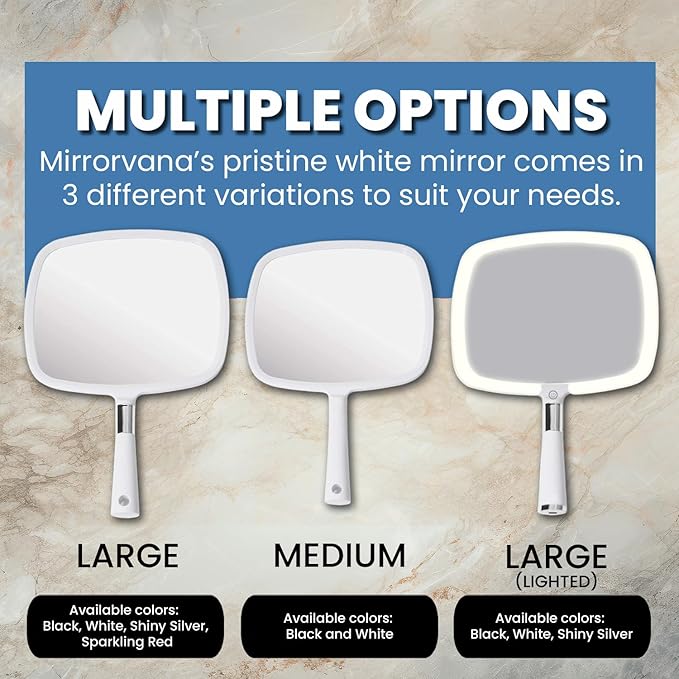 MIRRORVANA Hand Mirror with Ergonomic Handle - Hand Held Mirror for Make-up, Home Haircuts, Dental and Barber Use, 8β x 11β (White)