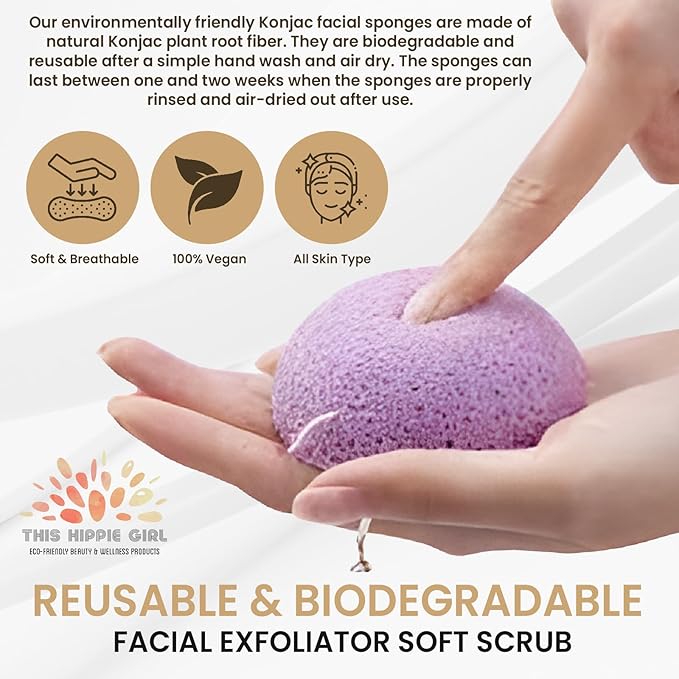 This Hippie Girl | Konjac Exfoliating Organic Facial Sponge | Plant Based Gentle Exfoliating Face Scrubbie | Safe for Sensitive Skin | Amethyst Purple (Purple)