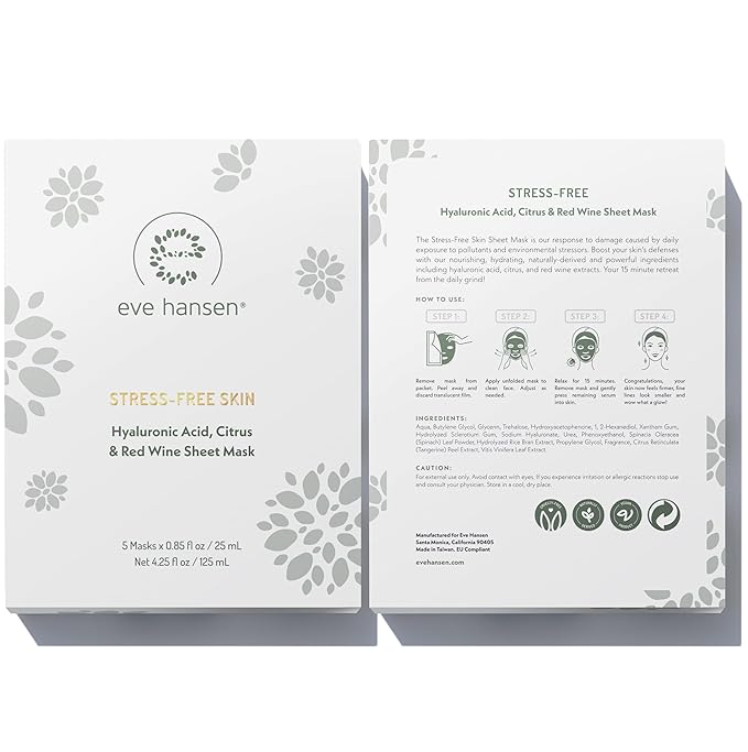 Eve Hansen Collagen Face Mask Sheets Set of 5 β Hydrating & Nourishing Care for All Skin Types β With Hyaluronic Acid, Tangerine Peel, Blueberry Extract & Spinach Leaf