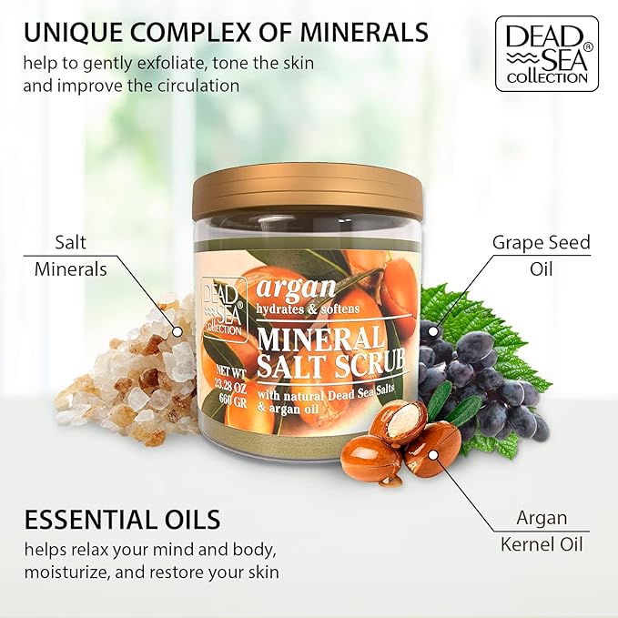 Dead Sea Collection Argan Salt Scrub β Exfoliating Body Scrub for Women β Moisturizing and Nourishing Skin β with Pure Oils and Dead Sea Minerals (23.28 Oz)