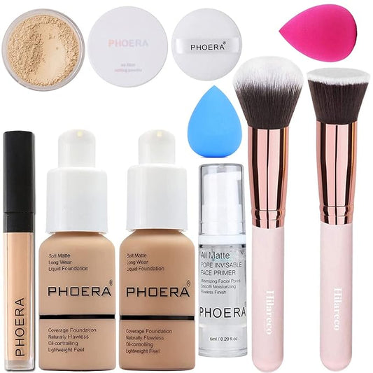 PHOERA Foundation,Full Coverage Foundation,PHOERA Primer,PHOERA Powder,PHOERA Concealer PHOERA Makeup Set, Kabuki Makeup Brushes Foundation Brush Powder,2 Makeup Sponge (104 Buff Beige + 105 SandοΌ