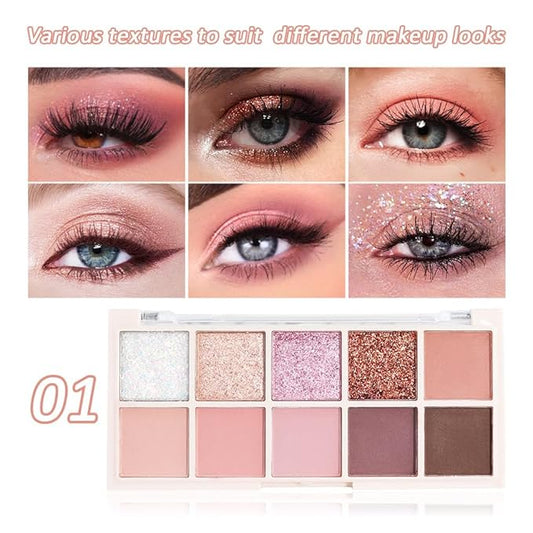 10 Colors Eyeshadow Palette, Matte&Glitter&Shimmer Eyeshadow Makeup, Naturing-Looking,High Pigment Waterproof Eye Shadow Palette Makeup, 100% Cruelty-free (08#Shimmer Pink)