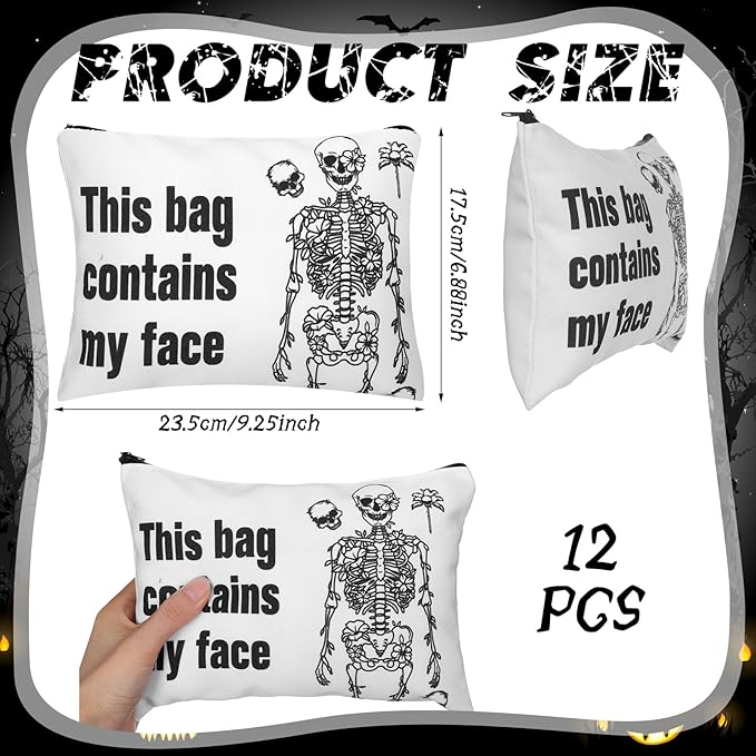Kajaia 12 Pcs Gothic Skeleton Makeup Bags Cute Portable Travel Purse Toiletry Pocket Make up Organizer Storage Zipper Pouch Makeup Brush Cosmetic Bags for Women Adult Aesthetic Stuff