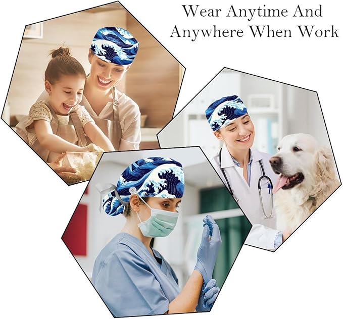 2 PCS Bouffant Cap with Button Ponytail Pouch Working Cap Sweatband Adjustable Surgical Cap Black and White Cow
