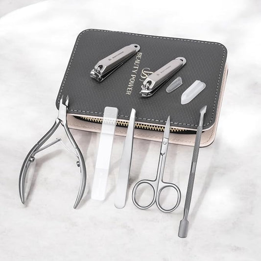 Manicure Pedicure Set 7-in-1 Stainless Steel, Ultra Sharp, Slanted Nail Clipper, Fingernail Clipper, Cuticle Nipper, Glass Nail File, Eyebrow Tweezers, Scissors, Case β Gift (Matte Gray)