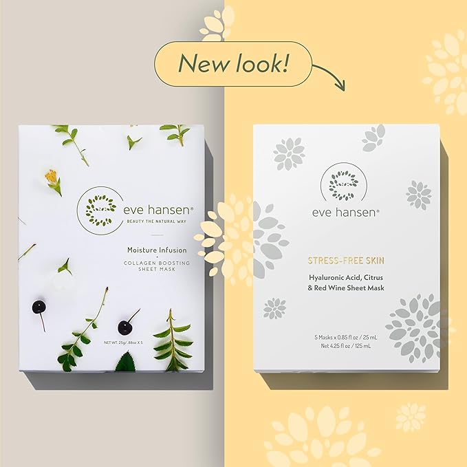 Eve Hansen Collagen Face Mask Sheets Set of 5 β Hydrating & Nourishing Care for All Skin Types β With Hyaluronic Acid, Tangerine Peel, Blueberry Extract & Spinach Leaf