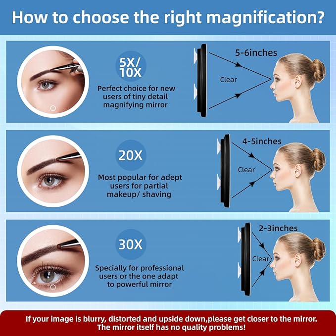 5X Magnifying Mirror with Lights, 5X Magnified Mirror with 3 Color Lights Adjustable Brightness, Rechargeable 6inch Travel Magnification with 3 Suction Cups - Includes Tweezers & Scissors