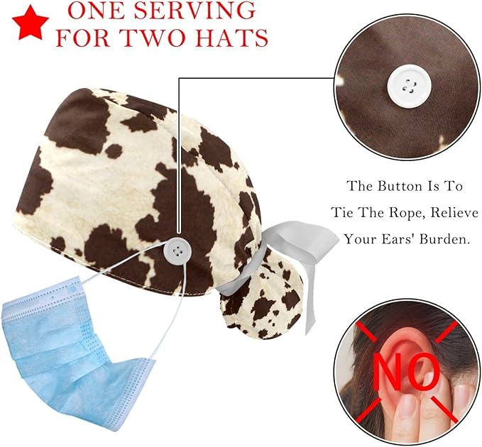 2 PCS Bouffant Cap with Button Ponytail Pouch Working Cap Sweatband Adjustable Surgical Cap Black and White Cow