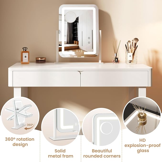 Dripex 15"x12" LED Lighted Makeup Mirror with 12V 2A Wireless Charging Bluetooth Speaker Makeup Vanity Mirror with Lights 3 Colors Dimmable Touch Keys Phone Holder 10X Magnification for Vanity Desk