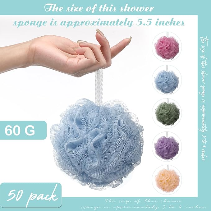 Nitial 50 Pcs Large Bath Shower Loofah Sponge Bulk 60g Exfoliating Bath Sponge Soft Shower Scrunchies Colorful Bath Loofahs for Men Women Shower (Soft Color)