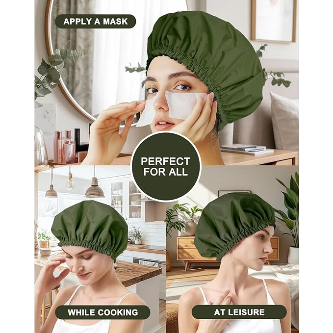 Shower Cap for Women Set of 4, 1 Double-Layer Waterproof Bath Cap + 3 Single-Layer Waterproof Shower Caps β Reusable Hair Protector, TPU Coated Elastic Bathing Cap for Women & Men - Dark Green