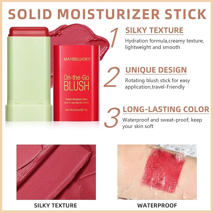 Cream Blush Stick for Cheeks, Eyes & Lips, Multi-Use Tinted Moisturizer, Natural Glow Blendable Blusher with Brush - Hot Red