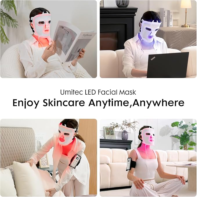 LED Face Mask Light Therapy, 4 Modes Red Light Therapy for Face with Remote and Timer, 2000mAh Rechargeable, Blue, 850NM Infrared & Red Light Therapy Mask for Home Use, 288 LEDs, White