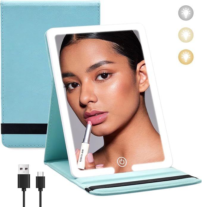 Travel Mirror with LED Lights - 8x5.5inch Lighted Makeup Mirror 3 Color Modes, Portable Vanity Mirror with Light of PU Leather, Desktop Cosmetic Light Up Mirror, Travel Accessories for Women