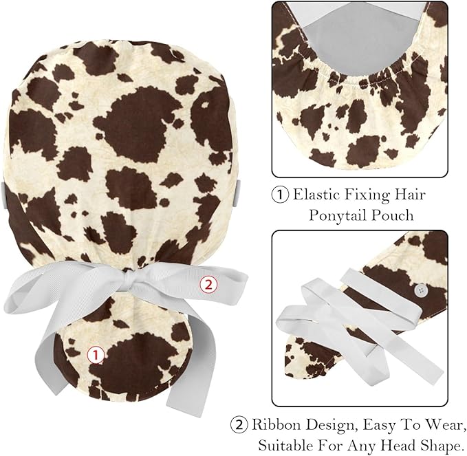2 PCS Bouffant Cap with Button Ponytail Pouch Working Cap Sweatband Adjustable Surgical Cap Black and White Cow