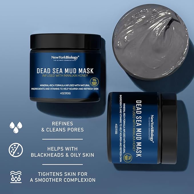 New York Biology Dead Sea Mud Mask for Face and Body | with Manuka Honey | Spa Quality Pore Refiner for Oily Skin | Natural Skincare for Women & Men | Tighten Skin for A Healthier Complexion | 4 oz