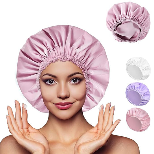 Shower Cap for Women Set of 4, 1 Double-Layer Waterproof Bath Cap + 3 Single-Layer Waterproof Shower Caps β Reusable Hair Protector, TPU Coated Elastic Bathing Cap for Women & Men - Purple