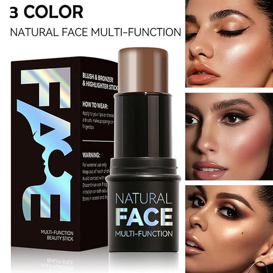 3Pcs Cream Contour Sticks, Shades with Highlighter Stick, Face Shaping & Contouring Stick with 2 Brushes, Contour Highlighter for Sculpt the Cheeks, Long Lasting, Waterproof, Matte & Dewy Finish