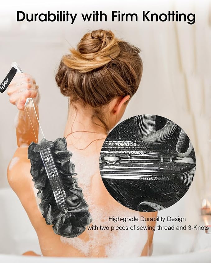 Loofah Sponge Exfoliating Body Scrubber,Loofahs with Handle: 2PCS Long Handle Loofa Back Scrubber, 1PCS Luffa Hook, Charcoal Loofah Pack for Women Men Bath Wash, Black and Blue