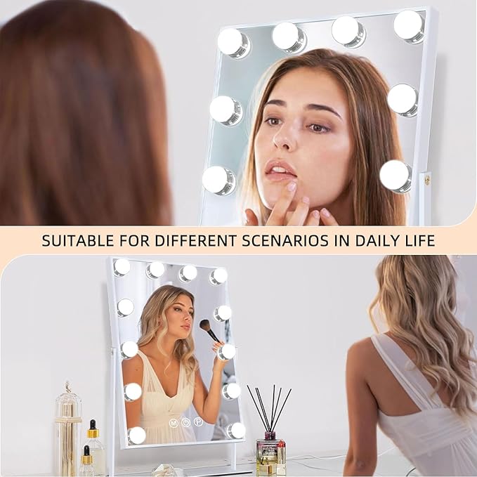FENCHILIN Lighted Makeup Mirror Hollywood Mirror Vanity Makeup Mirror with Light Smart Touch Control 3Colors Dimmable Light Detachable 10X Magnification 360Β°Rotation(White)