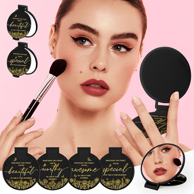 100 Pcs Inspirational Compact Mirror Bulk Small Pocket Mirror Purse Round Portable Folding Makeup Mirror Mini Compact Mirror Gifts for Women Coworker Employee Teacher(Black)