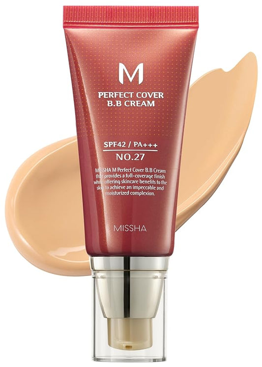 MISSHA M Perfect Cover BB Cream No.27 Honey Beige - Medium with Neutral/Warm Undertone SPF 42 PA +++ 1.69 Fl Oz - Tinted Moisturizer with SPF