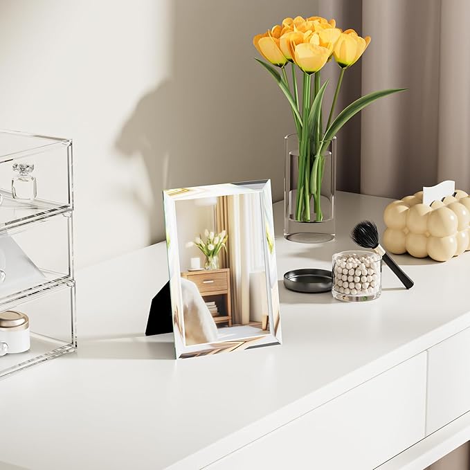 Fun Memories 4x5.8 Inch Frameless Mirror β Portable Travel Mirror with Bracket, Wall Hanging & Desk Stand, Compatible with Makeup Vanities