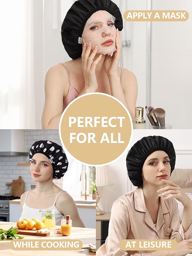 Years Calm Shower Caps For Women Reusable Waterproof,Pattern And Solid Color Dual-Layer Design For Dual-Layer Usable,Protects Hair In Shower, Spa, Cooking, Clean & Travel (Black, One Size)