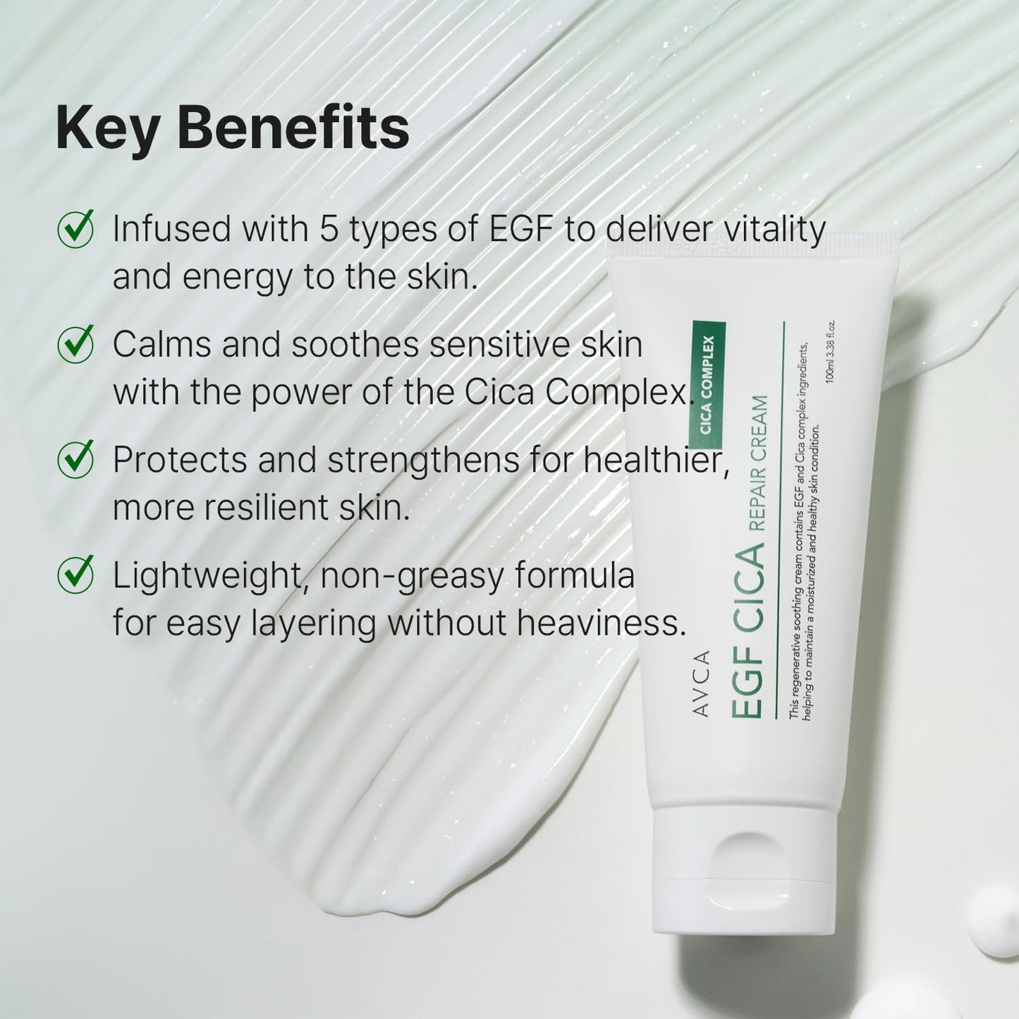 AVCA EGF Cica Repair Cream for Sensitive Skin, Redness Relief, and Hydration 100ml/3.38fl. oz.