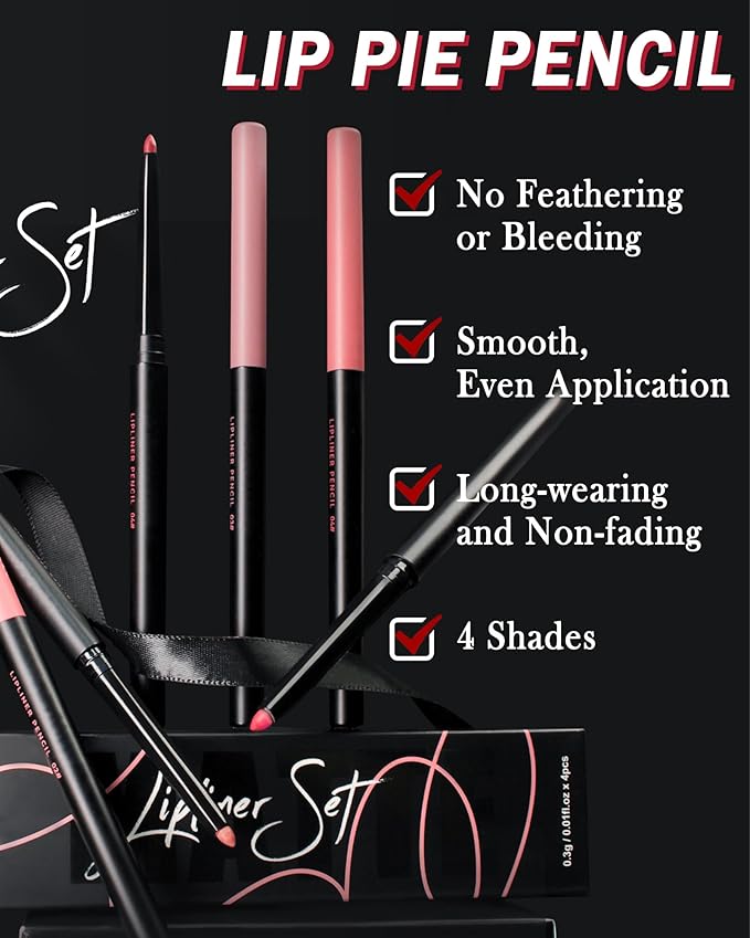 4 Color Retractable Creamy Long-Lasting Lip Liner Lipstick,High Pigmented Matte Red Nude Lip Gloss Lip Liner Pencil Set,Waterproof Velvet Lip Stick High Pigmented Lip Crayon Pen for Women Daily Makeup