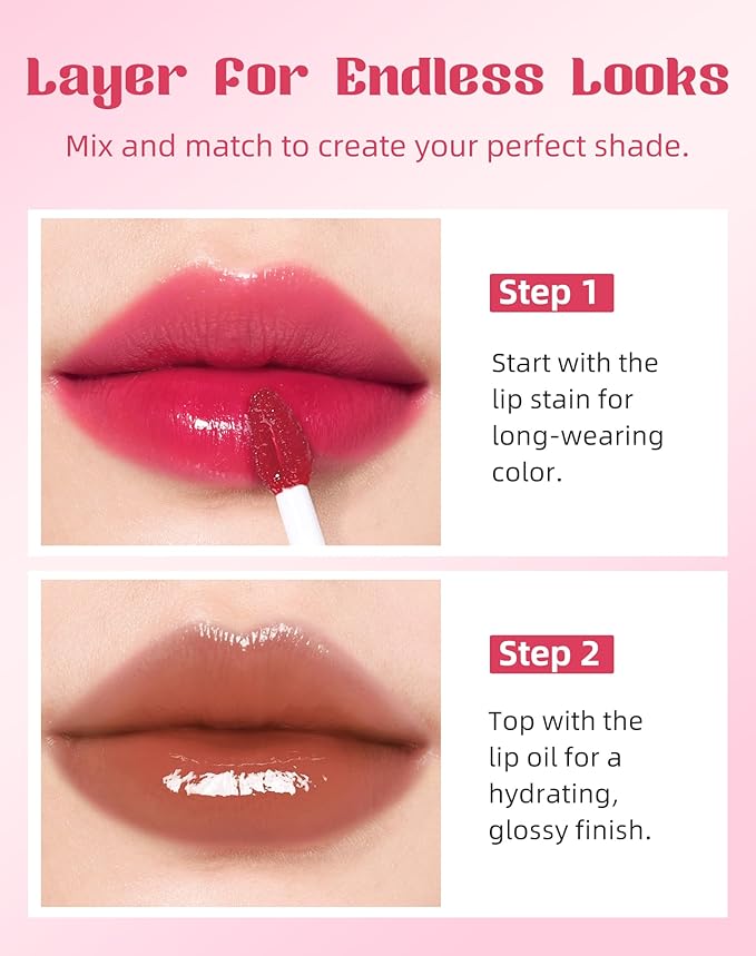 Tinted Lip Oil & Lip Stain Set, Korean Makeup, Smudge-Proof,Long-Wearing, 2-in-1 Cheek and Lip Tint with Moisturizing, High-Shine, Lightweight & Non-Sticky for Dry Lips, Cruelty-Free & Vegan