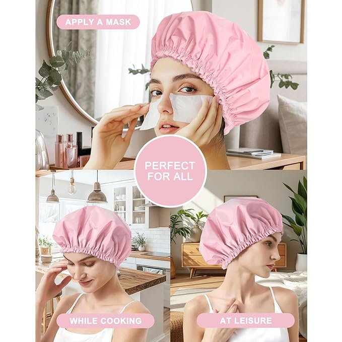 Shower Cap for Women Set of 4, 1 Double-Layer Waterproof Bath Cap + 3 Single-Layer Waterproof Shower Caps β Reusable Hair Protector, TPU Coated Elastic Bathing Cap for Women & Men - Pink