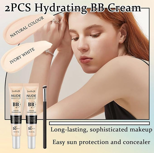 2PCS Hydrating BB Cream,Full Coverage Concealer Liquid Foundation for All Skin Types,Face Sunscreen SPF 50 PA++++ Long Lasting Moisturizing Oil Control Foundation Makeup Brush SetοΌIvory & NaturalοΌ