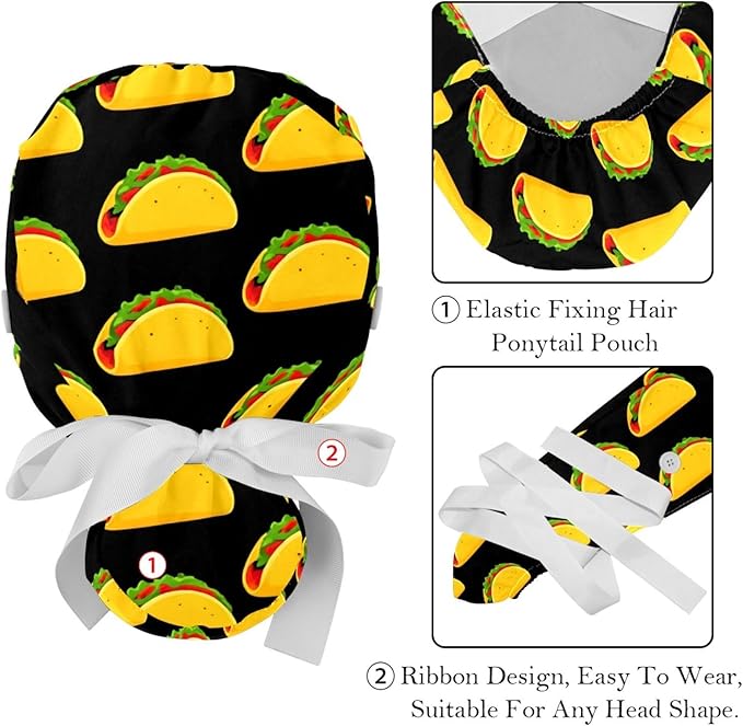 2 PCS Bouffant Cap with Button Ponytail Pouch Working Cap Sweatband Adjustable Surgical Cap Black and White Cow